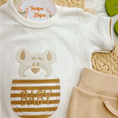 Conj. de Malha 3 peças - Bear Baby Listrado - Areia e Off White